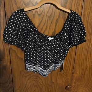 Japna Black and White Puff Sleeve Smocked Crop Blouse
